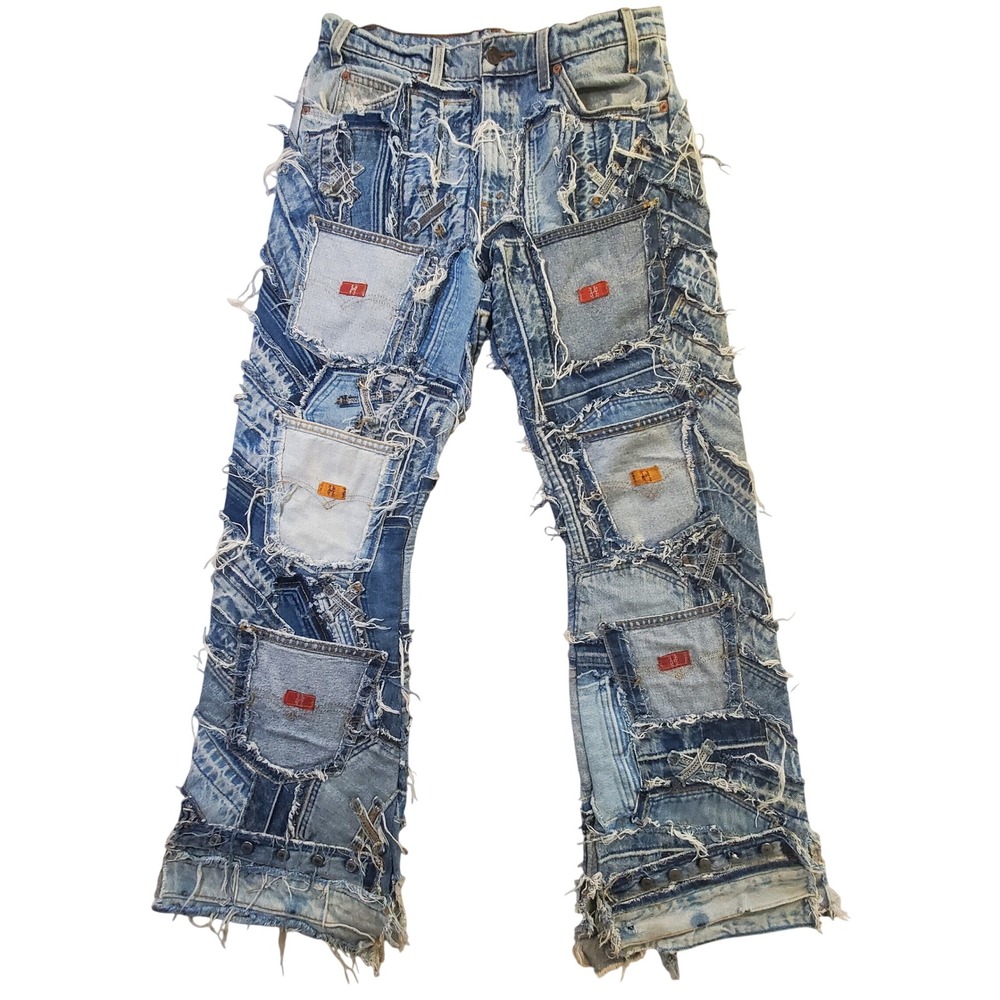 Levis 505 Custom Patchwork Jeans Mens 31x30 Blue Distressed Frayed Streetwear